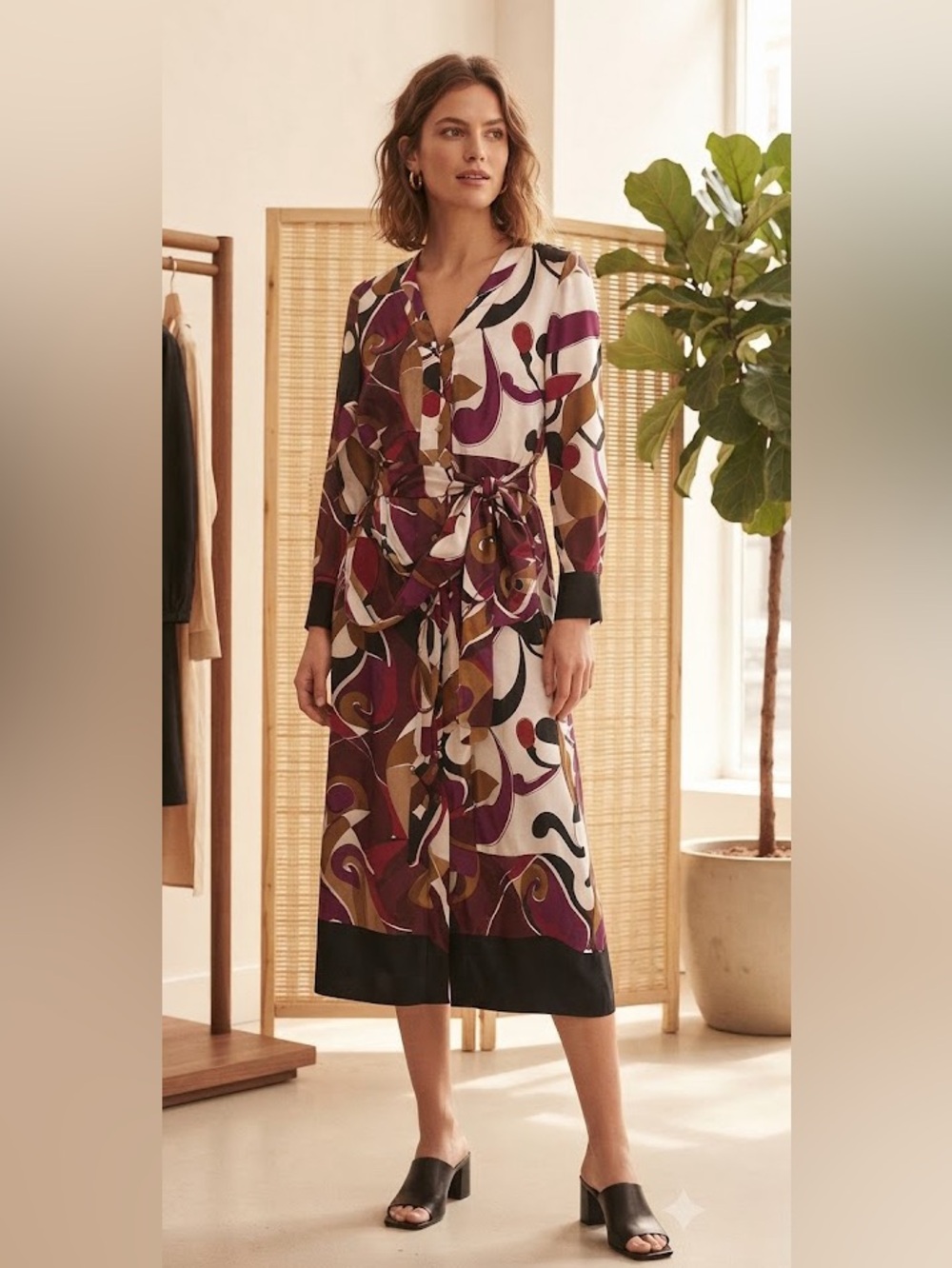 Zara Long Sleeve Abstract Print Wrap Dress - Purple, White, Brown, Black
